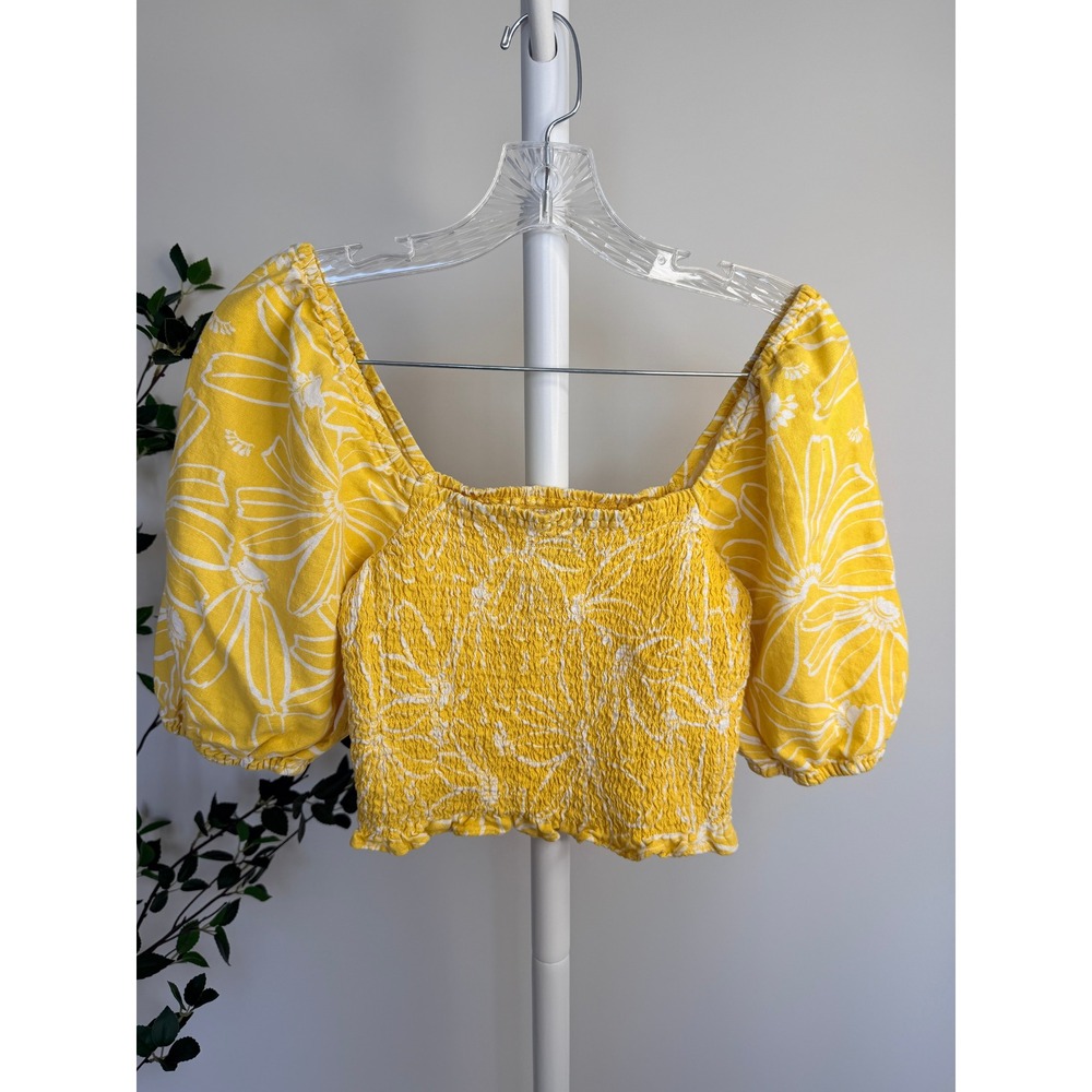 Universal Thread Yellow Floral Smocked Puff Sleeve Crop Top XS Square Neck Boho - Picture 2 of 6
